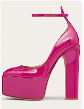 Fashion Thick Sole Pumps Block High Heel Round Toe Ankle Strap Women Dress Shoes Platform Patent Big Size 43