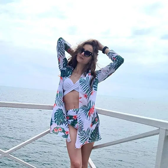 JSN5001 Manufacturer High Waist Floral Vneck Backless Summer Coverups Three Piece Swimwear Set Custom Women Bikini