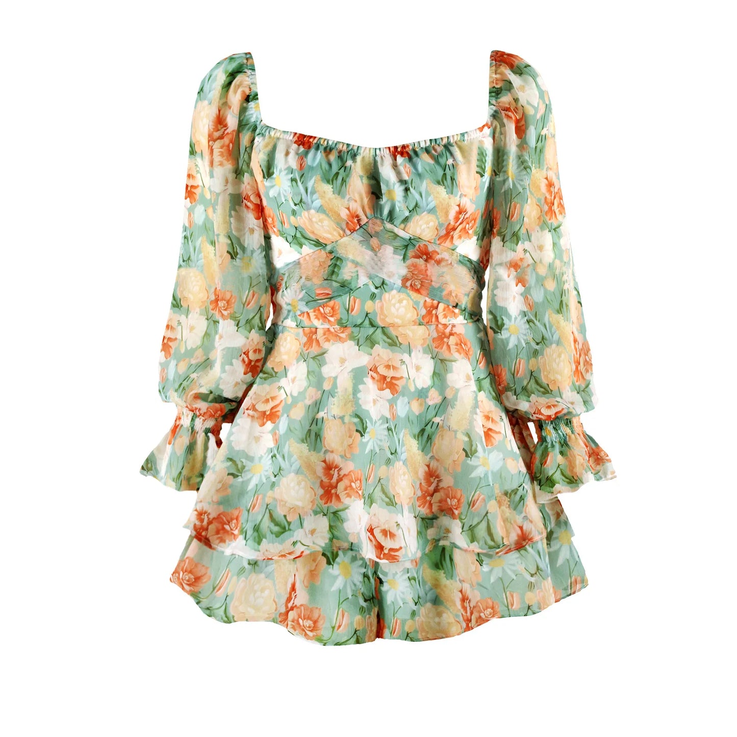 2026 Fashion Floral Jumpsuit With Lantern Sleeve Ruffle Shorts Summer Sexy Backless Women's Dress Square Collar Mini Dress