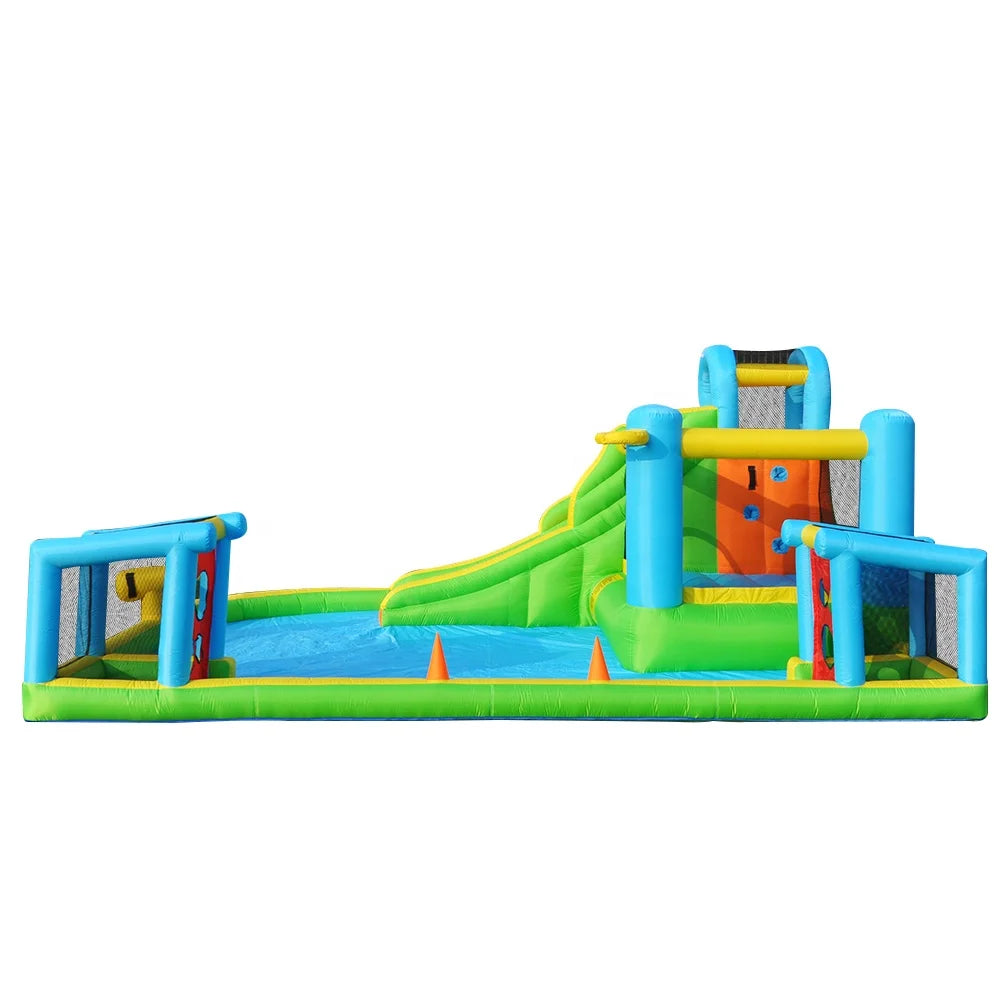 Custom Party Outdoor Games Hot Sale Football Frame Bounce House Inflatable Water Slide Jump Stretch Castles with Water Cannon