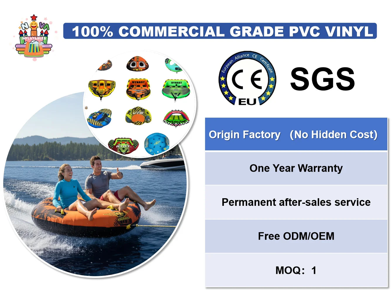 NOVA Flier PVC Inflatable Water Ski Tubes  2-3 Person Towable Inflatable Boats for Water Sports, Rental & Water Ski Recreation