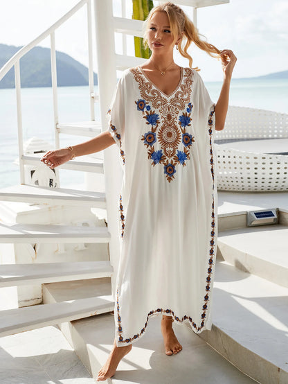 Beautiful Floral Print White Rayon Kaftan Dress V-Neck 3-Piece Set for Holiday Beach Wear