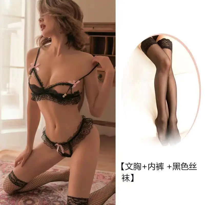 Sexy Pearl Three-piece Lace Open-crotch Bow Bra, Sweet and Girly Lingerie