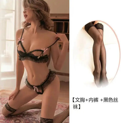 Sexy Pearl Three-piece Lace Open-crotch Bow Bra, Sweet and Girly Lingerie