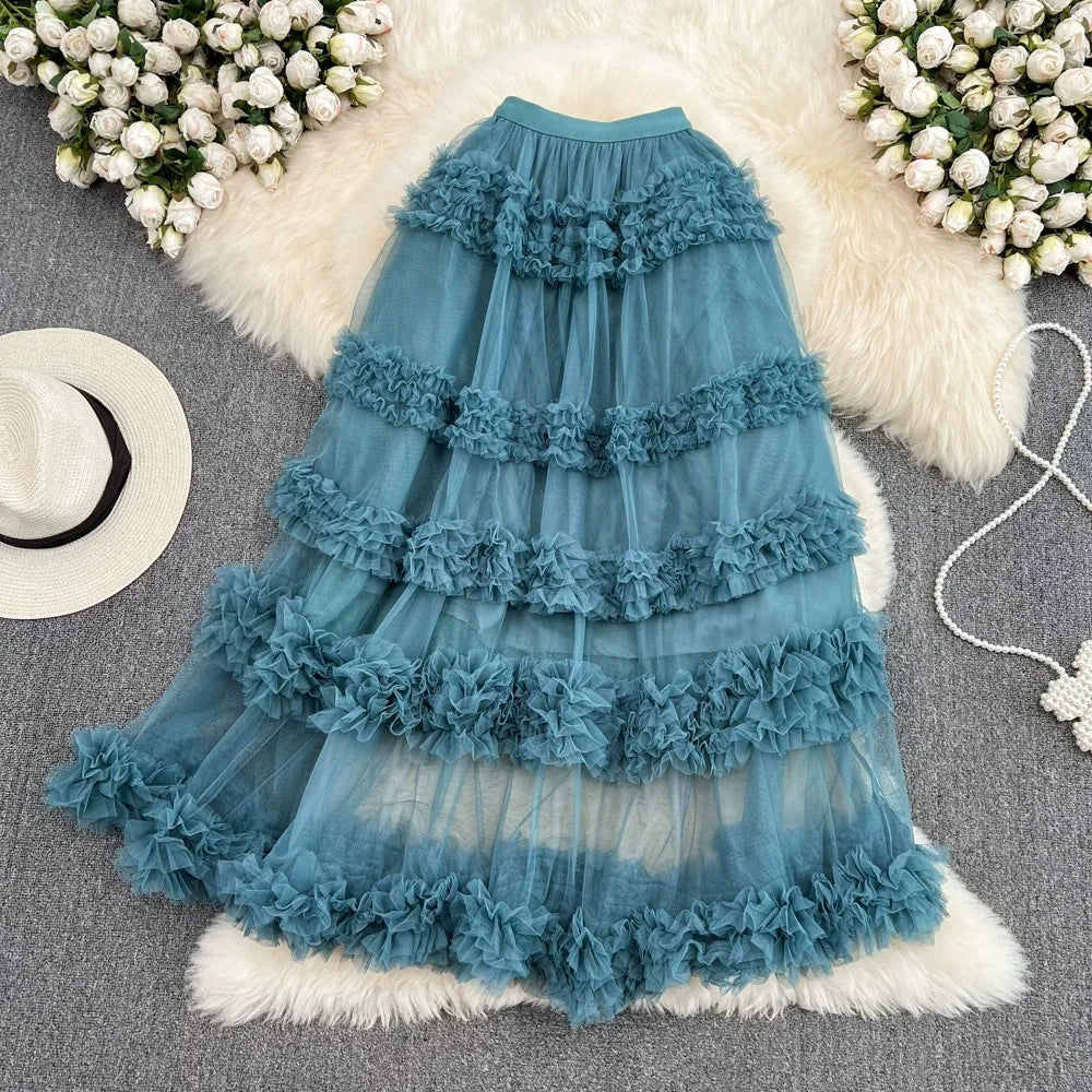 High Waist Slimming Mesh Skirt Elastic Band Over Knee Skirt Irregular Fungus Edge Super fairy Cake Skirt With Lining