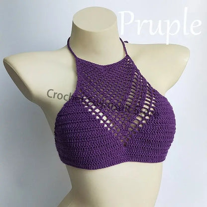 Women Sexy Bikini Tops High Neck Hollow Out Halter Swimwear Crochet Separate Swimsuit Bikini Bra Hot Sale