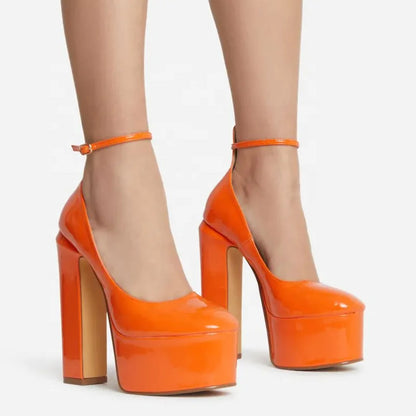 Fashion Thick Sole Pumps Block High Heel Round Toe Ankle Strap Women Dress Shoes Platform Patent Big Size 43