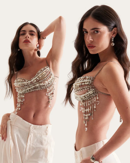 Woman Sexy Bikini Cover Crop Tops Beaded Bra Chain Patchwork Sling Vest Clothing Women Body Bralette Chest Chain Beach Wear