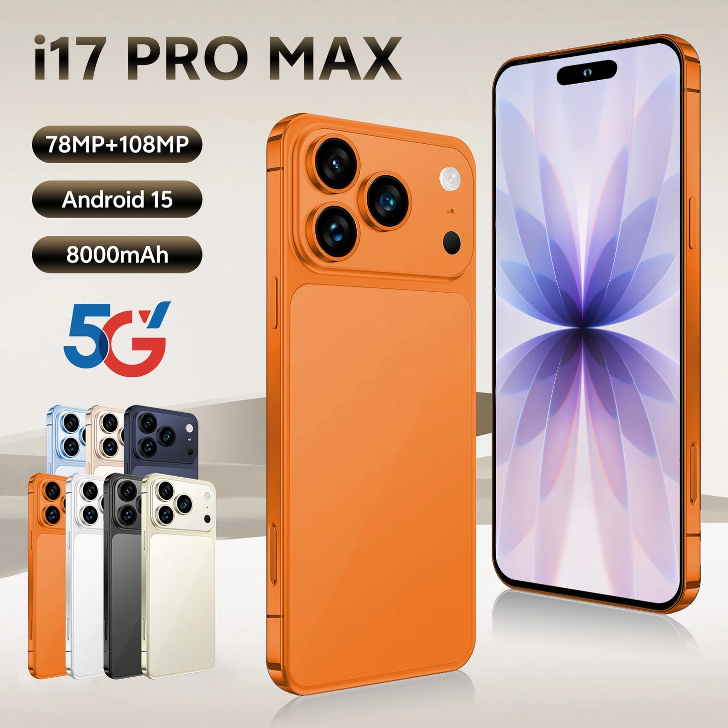 Global Version Unlocked 17 Pro Max 7.3Inch 5G Android 15 Smartphone 1TB Storage HD Screen Resolution CDMA LTE English Spanish