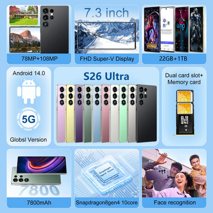 Les S26 Ultra Original 5G Waterproof Android 14 Smartphone 7.3\" HD Screen 108MP Rear 22GB+1TB Memory Global Elite Unlocked 14