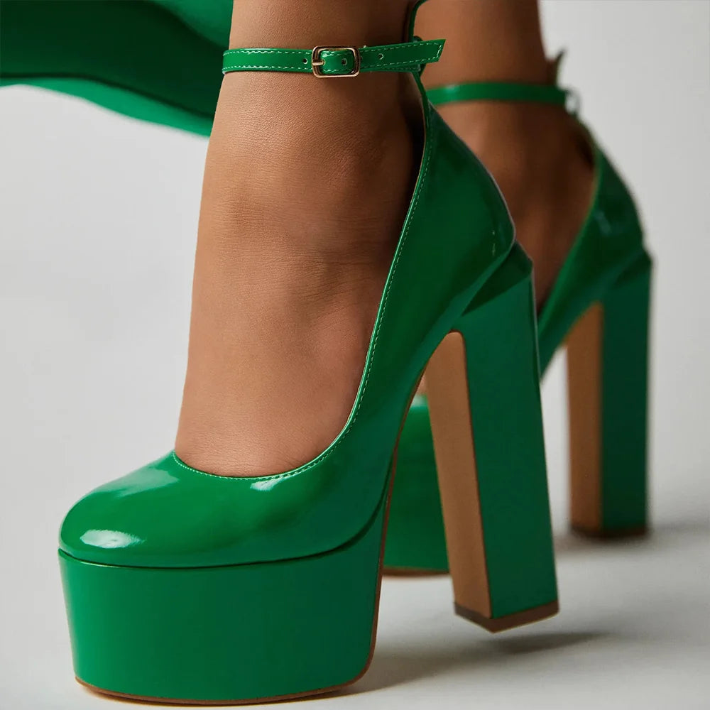 Fashion Thick Sole Pumps Block High Heel Round Toe Ankle Strap Women Dress Shoes Platform Patent Big Size 43
