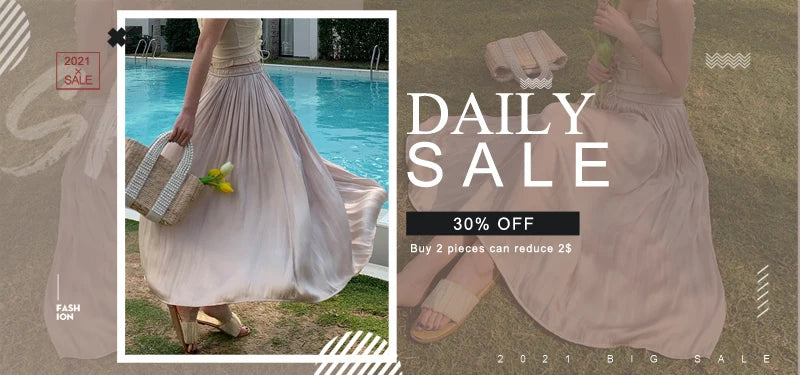 Womens Chic Pleated Swing Long Skirt with Liner Korean Fashion Kawaii Elastic High Waist OL Chiffon Shirring Mermaid Skirts K77