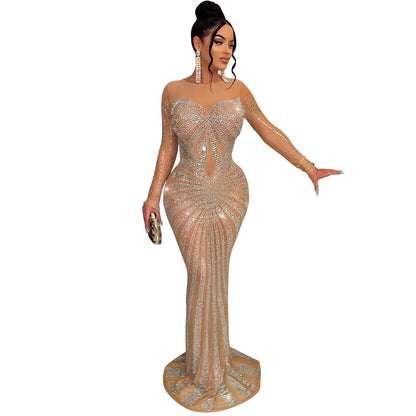 Summer Trending Elegant Club Evening Gown for Women Ladies Rhinestone Waistline Dress Diamond Club Dresses Plus Size