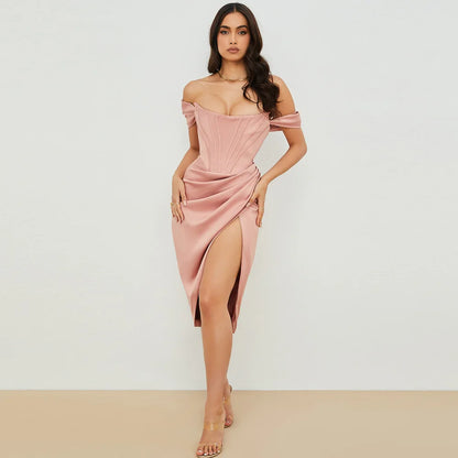 Cryptographic Draped Satin Corset Dresses Bodycon Party Night Club Off Shoulder Gown Elegant Backless Sexy Dress Birthday