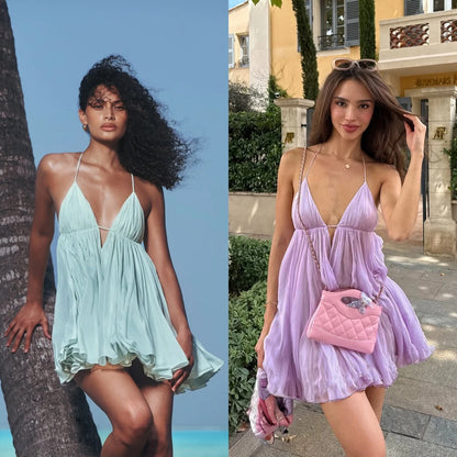 Women Sexy Spaghetti Strap Deep V Neck Flowy Mini Dress Summer Holiday Vacation Dress