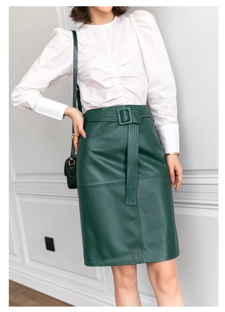Women Lace-up Genuine Leather Skirt Female Winter Pure Sheep Skin Knee Length Saias With Belt Feminina Neat Stitches Wrap Jupe
