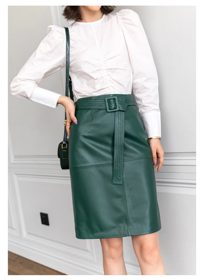 Women Lace-up Genuine Leather Skirt Female Winter Pure Sheep Skin Knee Length Saias With Belt Feminina Neat Stitches Wrap Jupe