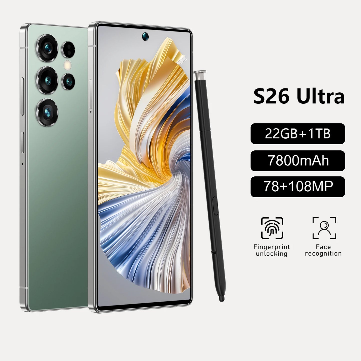 Les S26 Ultra Original 5G Waterproof Android 14 Smartphone 7.3\" HD Screen 108MP Rear 22GB+1TB Memory Global Elite Unlocked 14