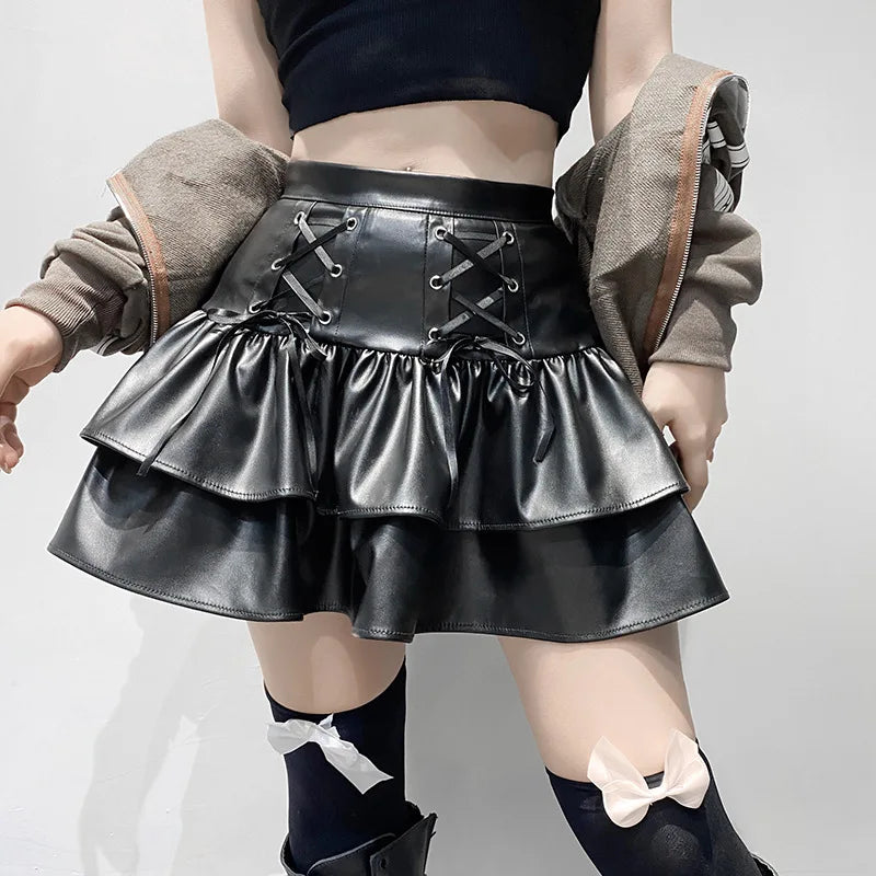 AltGoth Mall Goth Punk PU Skirt Women Dark Gothic Vintage Bandage High Waist Lolita Skirt Harajuku Streetwear Emo Alt Clubwear
