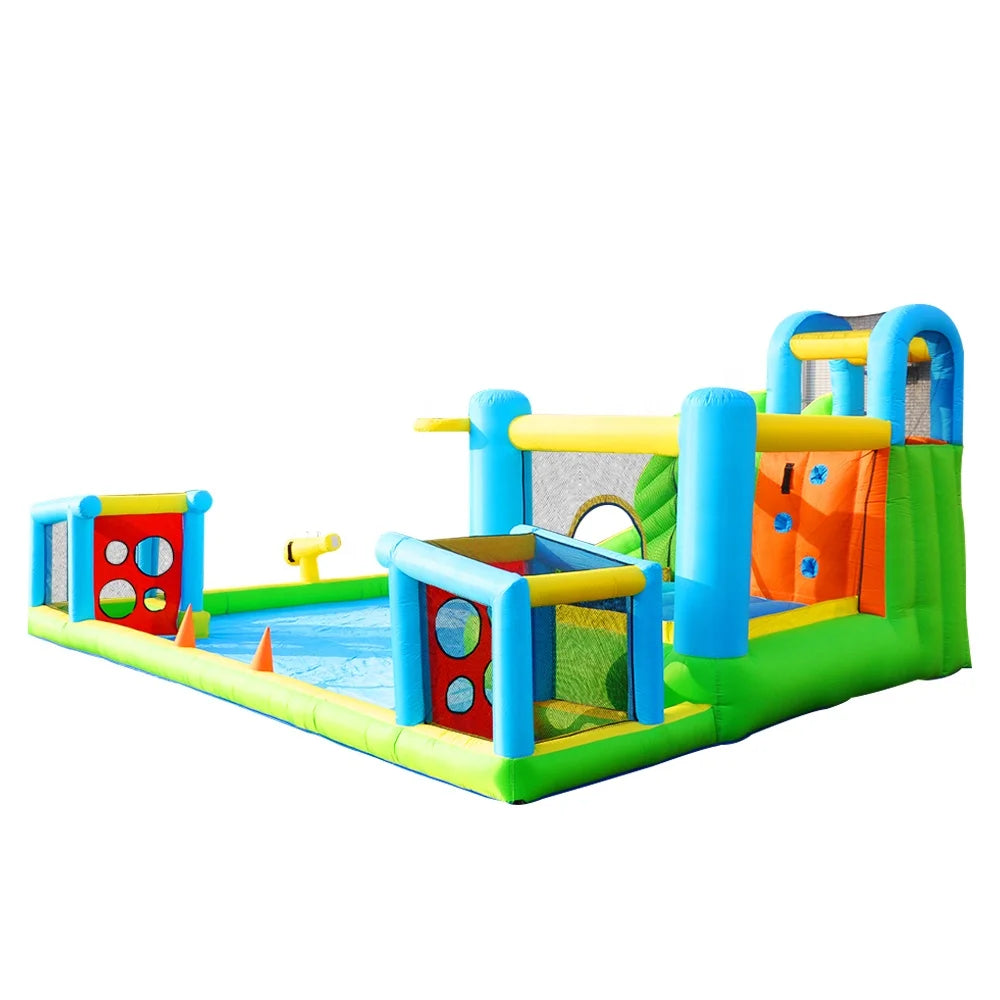 Custom Party Outdoor Games Hot Sale Football Frame Bounce House Inflatable Water Slide Jump Stretch Castles with Water Cannon