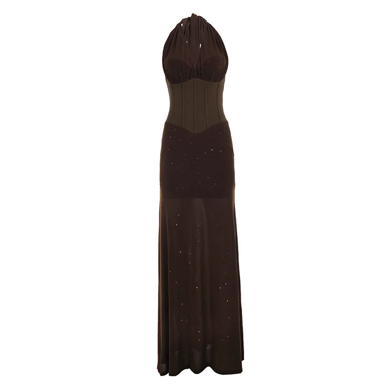 Vintage Sequin Women's Halter V-Neck Dress Slim Waist Elegant Fashion Tank Dress with Mesh Splice Long Gown Evening Party Outfit