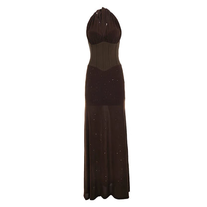 Vintage Sequin Women's Halter V-Neck Dress Slim Waist Elegant Fashion Tank Dress with Mesh Splice Long Gown Evening Party Outfit