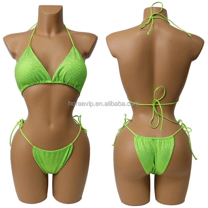 S573 Factory Supply Full Rhinestone Swimwear Swimsuit Two Pieces Sexy Bikini Neon Green Crystal Swimming Bathing Suit for Girl
