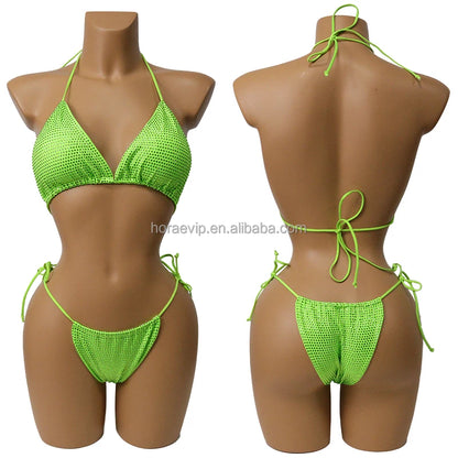 S573 Factory Supply Full Rhinestone Swimwear Swimsuit Two Pieces Sexy Bikini Neon Green Crystal Swimming Bathing Suit for Girl
