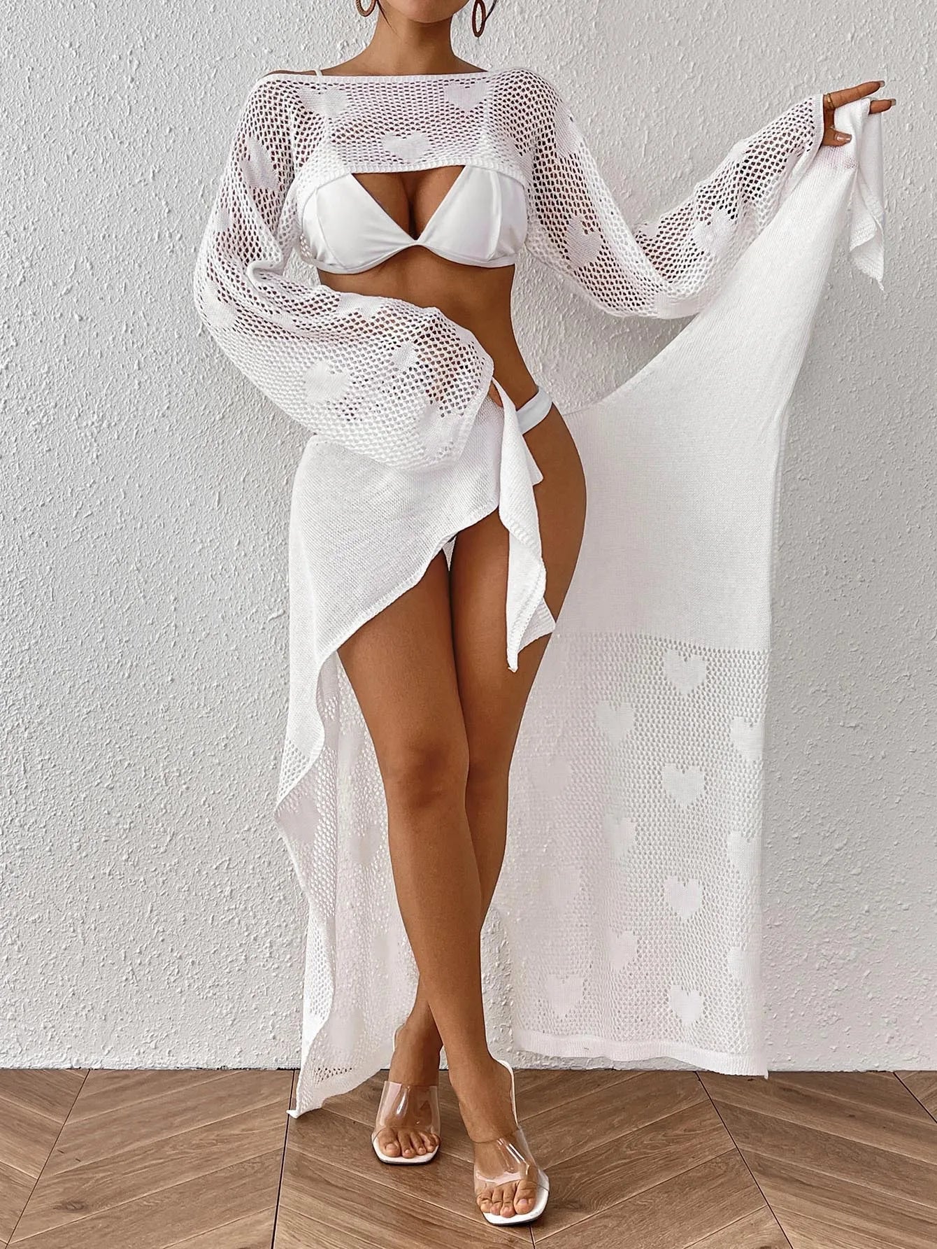 Factory Two Pieces Sexy Cover Ups Tops Sarongs Bikinis & Beachwear Women Heart Jacquard Knitted Long Beach Dresses Coverups