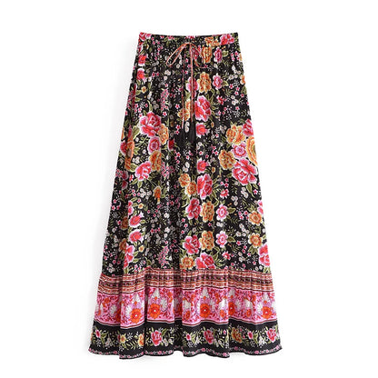 Vintage Summer Fashion Women Floral Print Beach Bohemian Pleated Skirt Beachwear Lady High Waist A-Line Rayon Boho Maxi Skirts