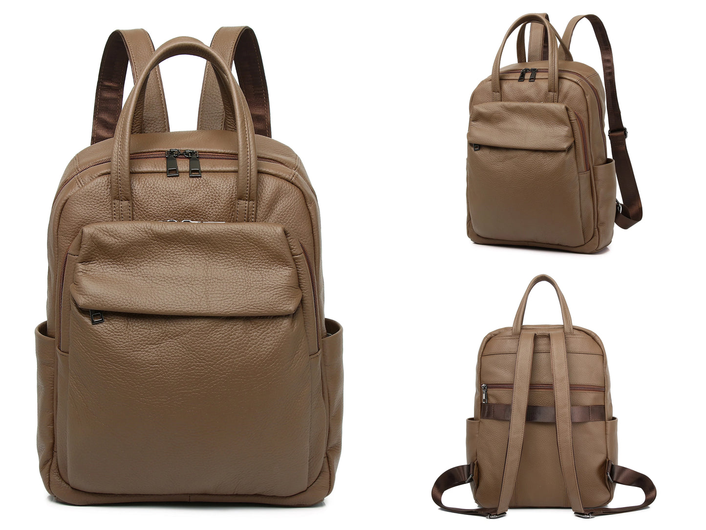 Large Capacity Genuine Leather Business & Travel Backpack with 13" Laptop Compartment England Style Unisex Design Zipper Closure