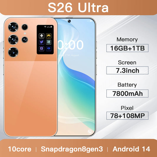 S26 Ultra 7.3 Inch Smartphone 16GB+1TB Unlocked Dual Card Android 14 Dual SIM for Gaming Multilingual Mobile