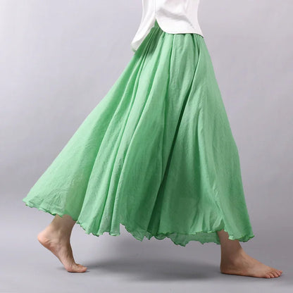 Women's Elegant High Waist Linen Maxi Skirt 2024 Summer Ladies Casual Elastic Waist 2 Layers Skirts saia feminina