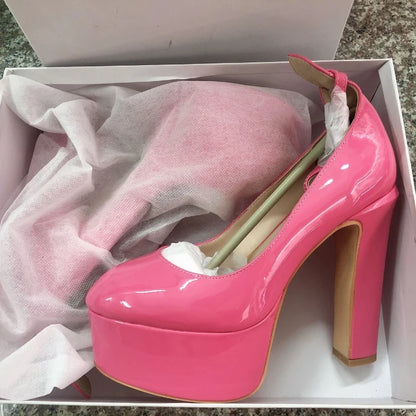 Fashionable Sexy Sapato De Salto Shiny Leather Thick Sole High Chunky Closed Toe Platform Heels
