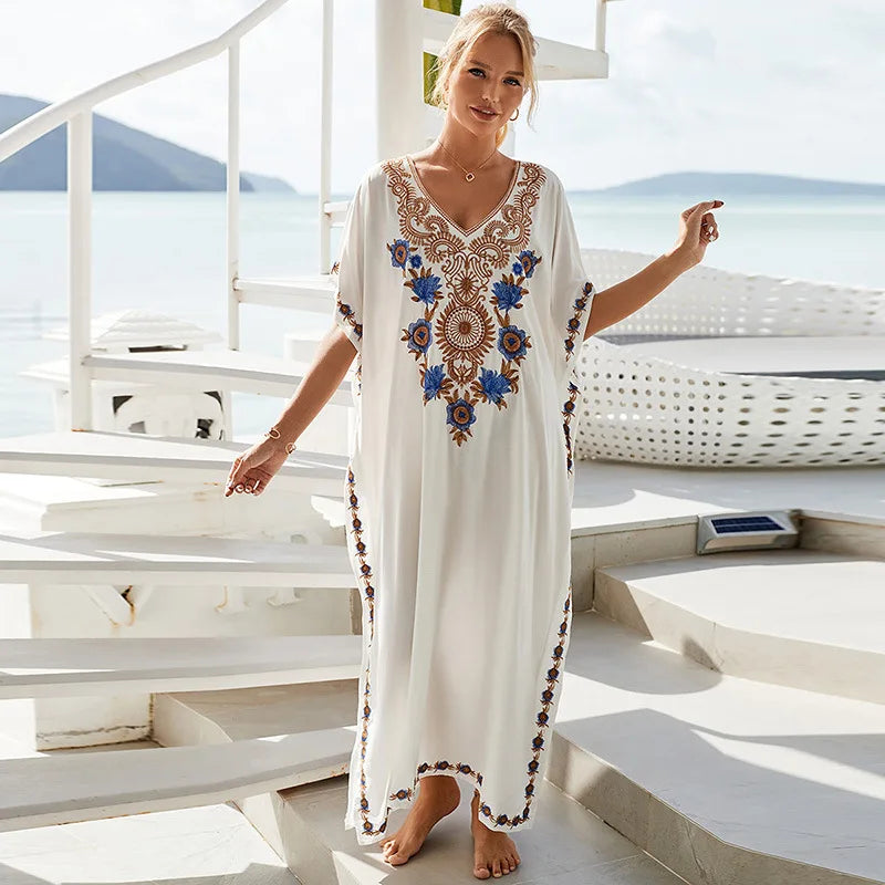 Beautiful Floral Print White Rayon Kaftan Dress V-Neck 3-Piece Set for Holiday Beach Wear