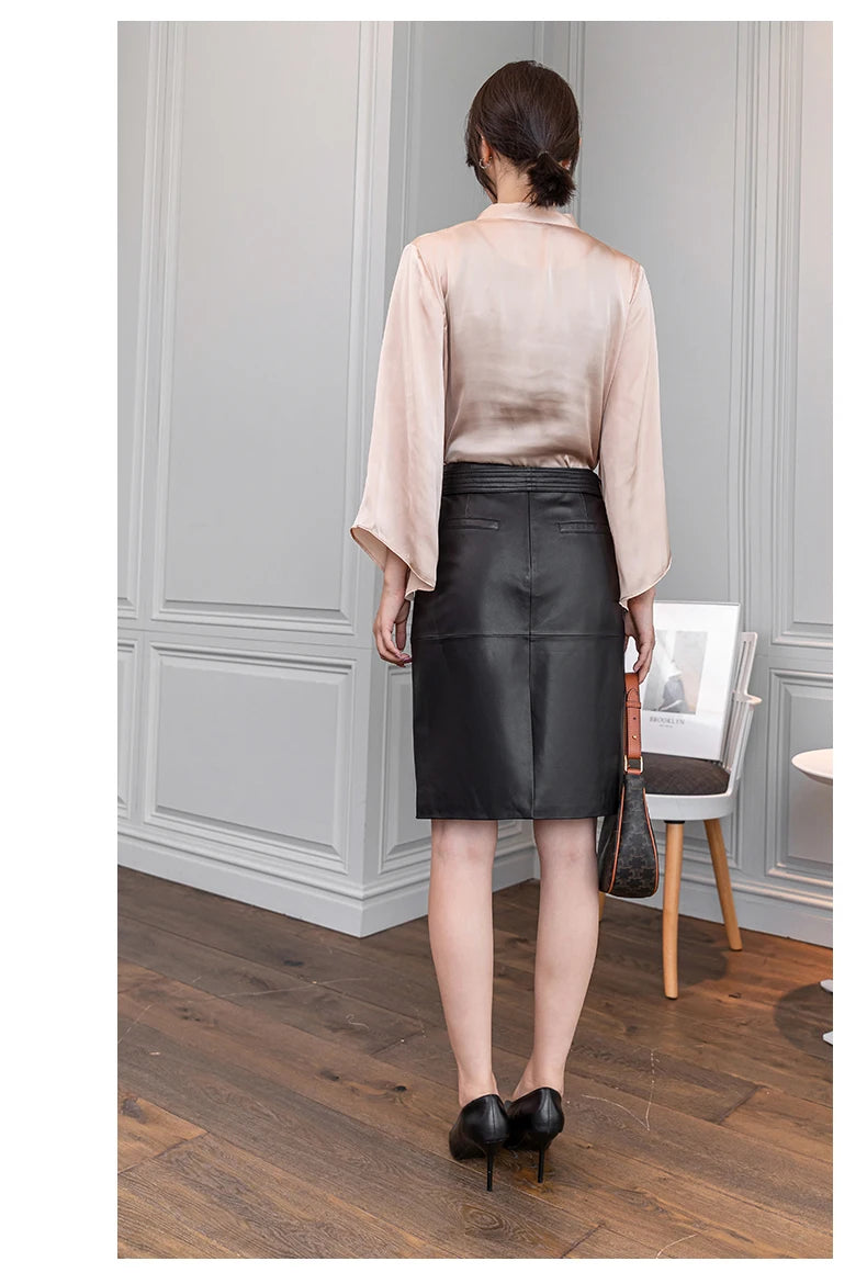 Women Lace-up Genuine Leather Skirt Female Winter Pure Sheep Skin Knee Length Saias With Belt Feminina Neat Stitches Wrap Jupe