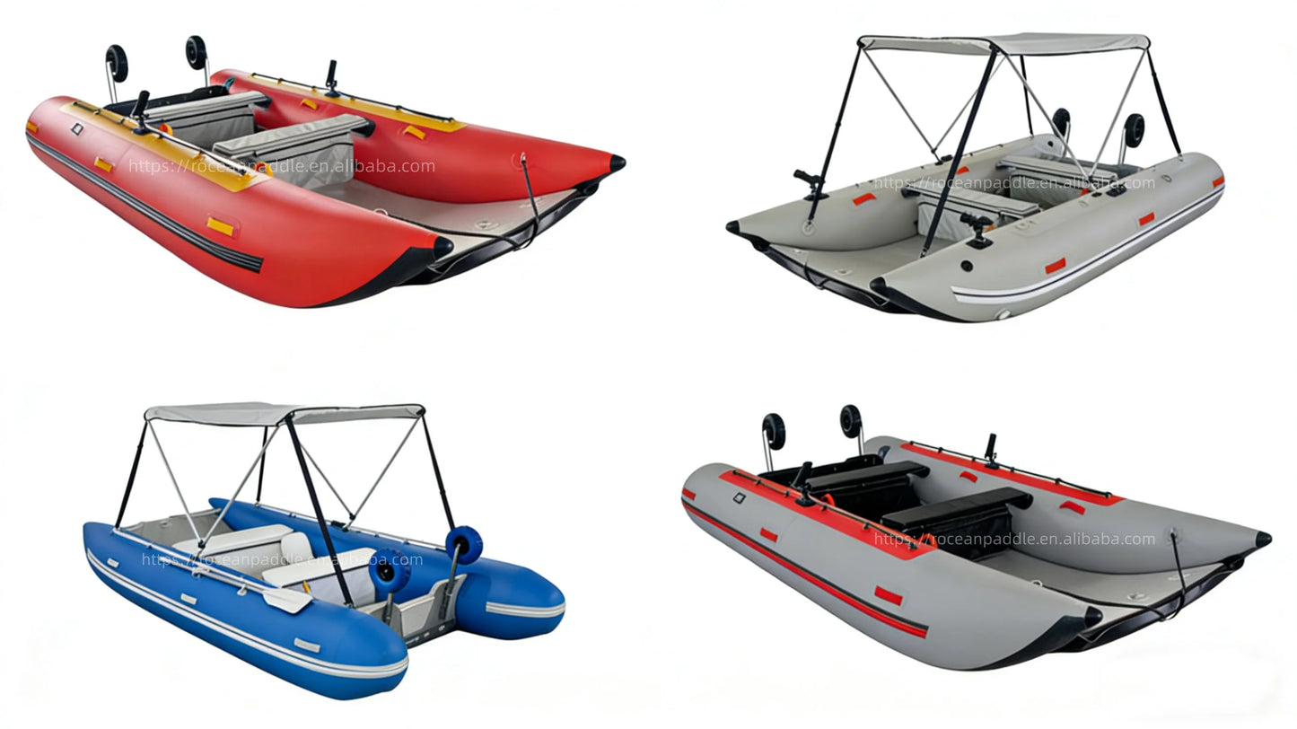 Factory Direct Cheap Price Inflatable Catamaran Dinghy 330-430cm Air Floor Foldable Mini Cat Boat for Fishing Diving