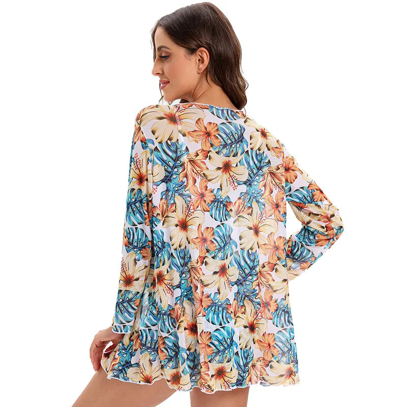 JSN5001 Manufacturer High Waist Floral Vneck Backless Summer Coverups Three Piece Swimwear Set Custom Women Bikini