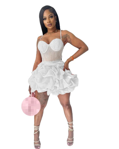 Summer Women Party Clothing Sleeveless Halter Beading Pleated Mini Dress Women Elegant Casual Dresses