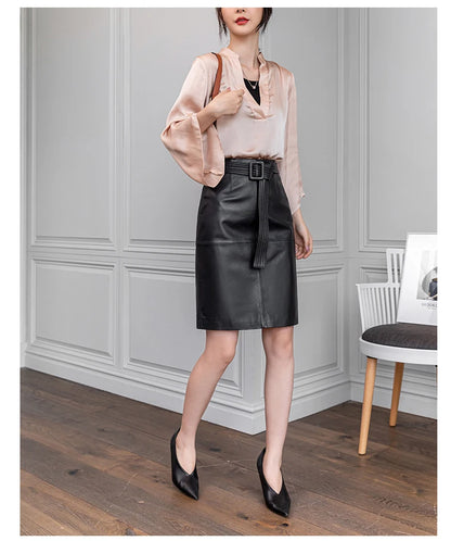 Women Lace-up Genuine Leather Skirt Female Winter Pure Sheep Skin Knee Length Saias With Belt Feminina Neat Stitches Wrap Jupe