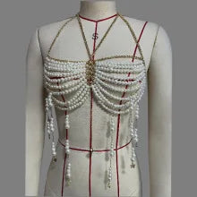 Woman Sexy Bikini Cover Crop Tops Pearl Chain Tassels Patchwork Sling Vest Clothing Women Body Bralette Chest Chain Beach Wear