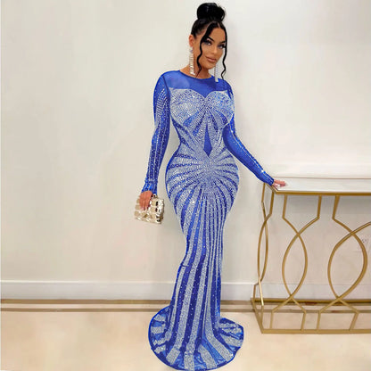Summer Trending Elegant Club Evening Gown for Women Ladies Rhinestone Waistline Dress Diamond Club Dresses Plus Size