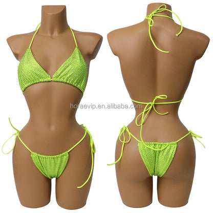 S573 Factory Supply Full Rhinestone Swimwear Swimsuit Two Pieces Sexy Bikini Neon Green Crystal Swimming Bathing Suit for Girl
