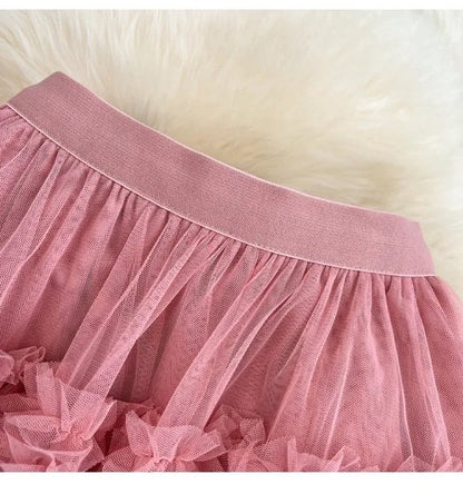High Waist Slimming Mesh Skirt Elastic Band Over Knee Skirt Irregular Fungus Edge Super fairy Cake Skirt With Lining