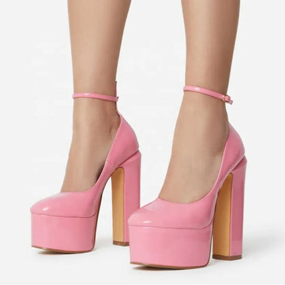 Fashion Thick Sole Pumps Block High Heel Round Toe Ankle Strap Women Dress Shoes Platform Patent Big Size 43
