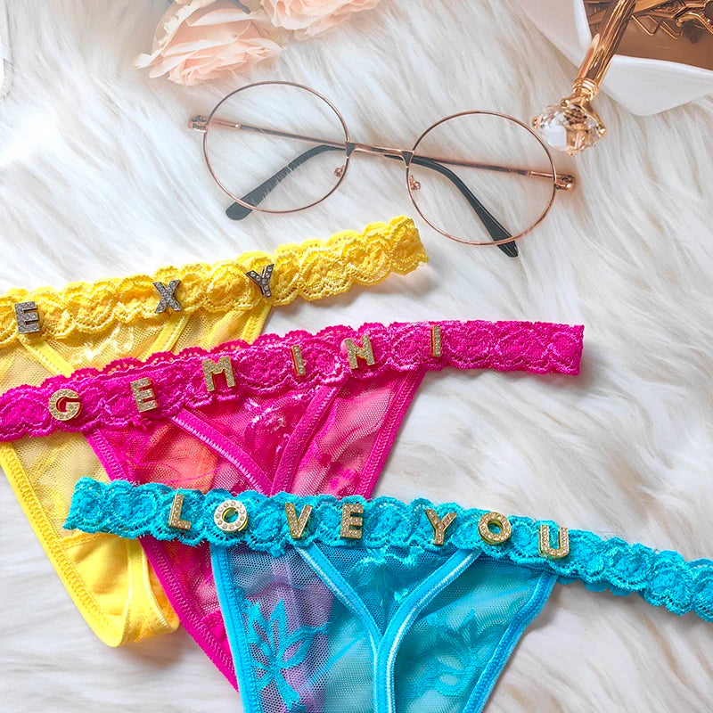 Customized Ladies Letter Thong Sexy High Quality Love Letter Eyelash Lace Panty Flower Women's Panties Lingerie