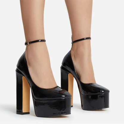 Fashion Thick Sole Pumps Block High Heel Round Toe Ankle Strap Women Dress Shoes Platform Patent Big Size 43