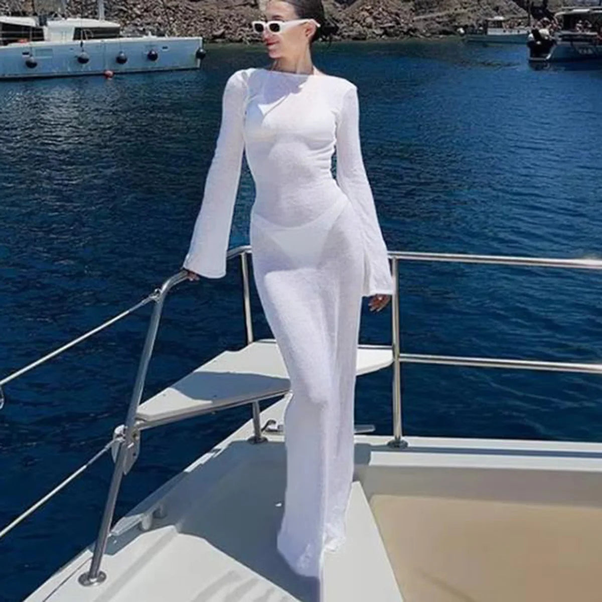 Enyami Hot Selling Boheme Vacation Beach Wear See Through Backless Lace-up Long Maxi Dress Women