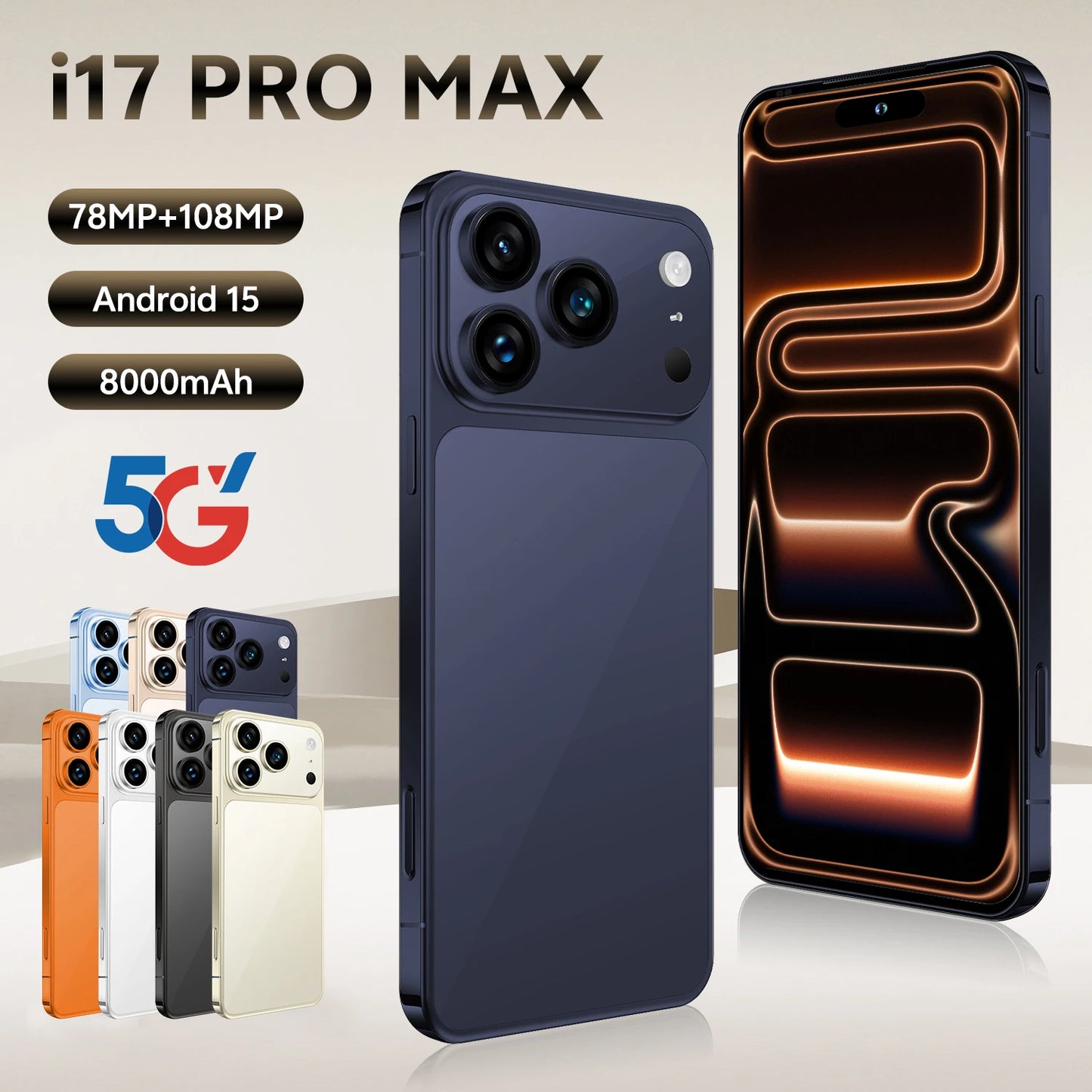 Global Version Unlocked 17 Pro Max 7.3Inch 5G Android 15 Smartphone 1TB Storage HD Screen Resolution CDMA LTE English Spanish