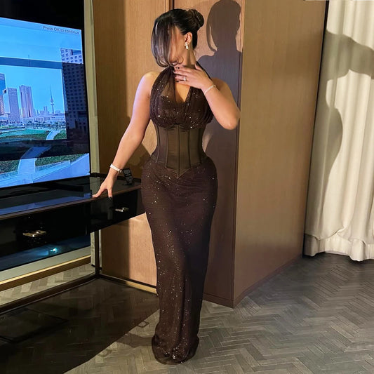 Vintage Sequin Women's Halter V-Neck Dress Slim Waist Elegant Fashion Tank Dress with Mesh Splice Long Gown Evening Party Outfit